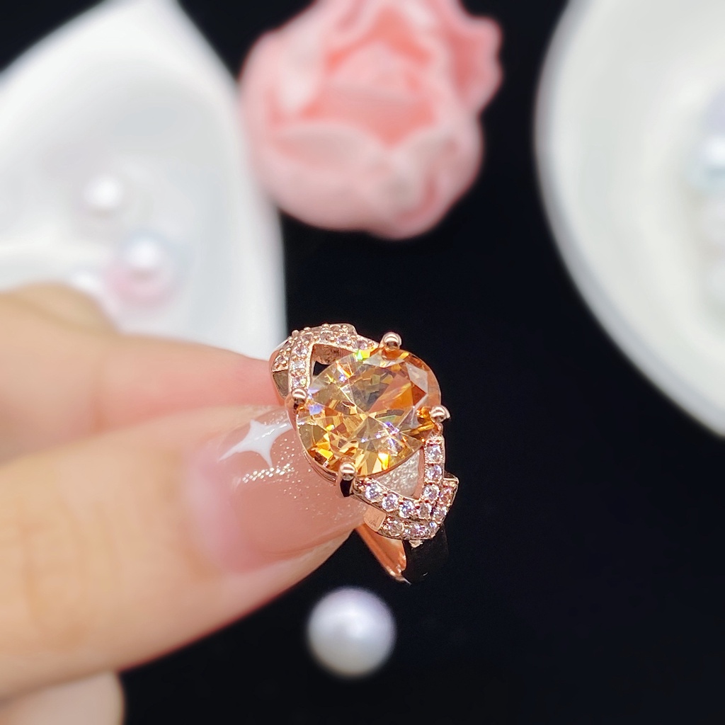 Champagne Moissanite Yang Mewah Cincin Baja Titanium Emas Mawar Berlian Kristal Fashion Wanita Pernikahan Rings