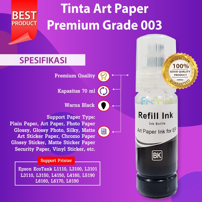 Tinta Art Paper Epson 003 70ml Photo Premium L1110 L3100 L3101 L3110 L3116 L3150 L3156 L1210 L3210