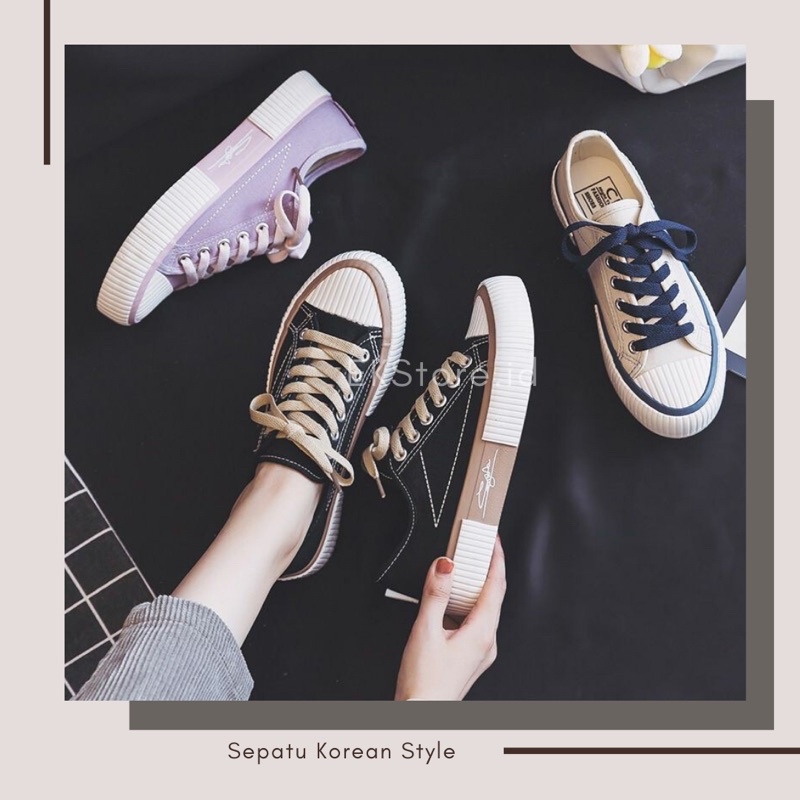 Sepatu Tali Canvas Wanita Import Korean Style Hyun Jae / Sepatu Sneakers Korea Kekinian Free Box Bisa COD