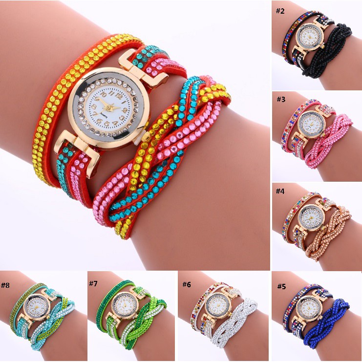 Jam Tangan Lilit Gelang Wanita #56 RAINBOW Korea Fashion Women Bracelet Watch Kulit PU Rhinestone