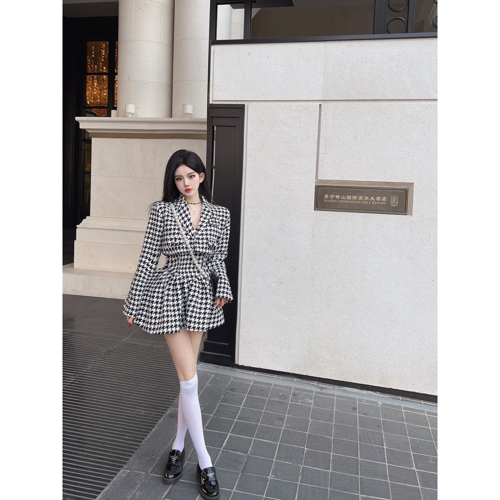 2022 musim semi houndstooth wanita lengan panjang kardigan mantel + suspender gaun rok tutu setelan