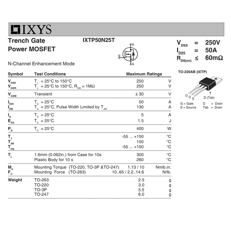 TRANSISTOR IXTP50N25T IXYS KOREA TR IXTP 50N25T 50N25