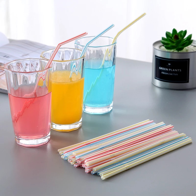 100Pcs Disposable Plastic Drinking Straws Multi-Color Striped Bendable Elbow Beverage Straws