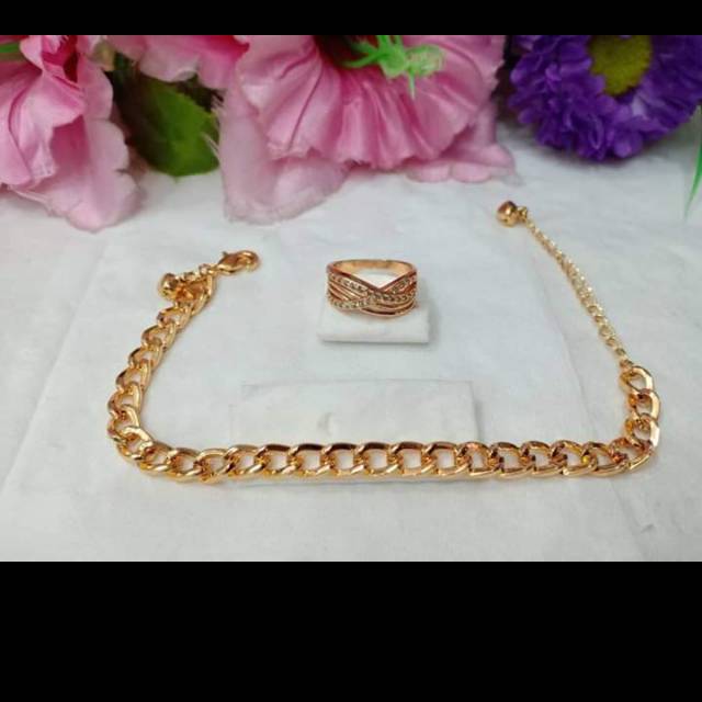 Set perhiasan gelang uk 23 cm set cincin perhiasan wanita titanium gold