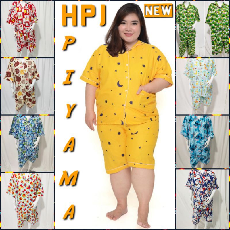 PIYAMA JUMBO KATUN CELANA PENDEK LD 130 SET BAJU TIDUR WANITA DEWASA BIG SIZE PAJAMAS CEWEK