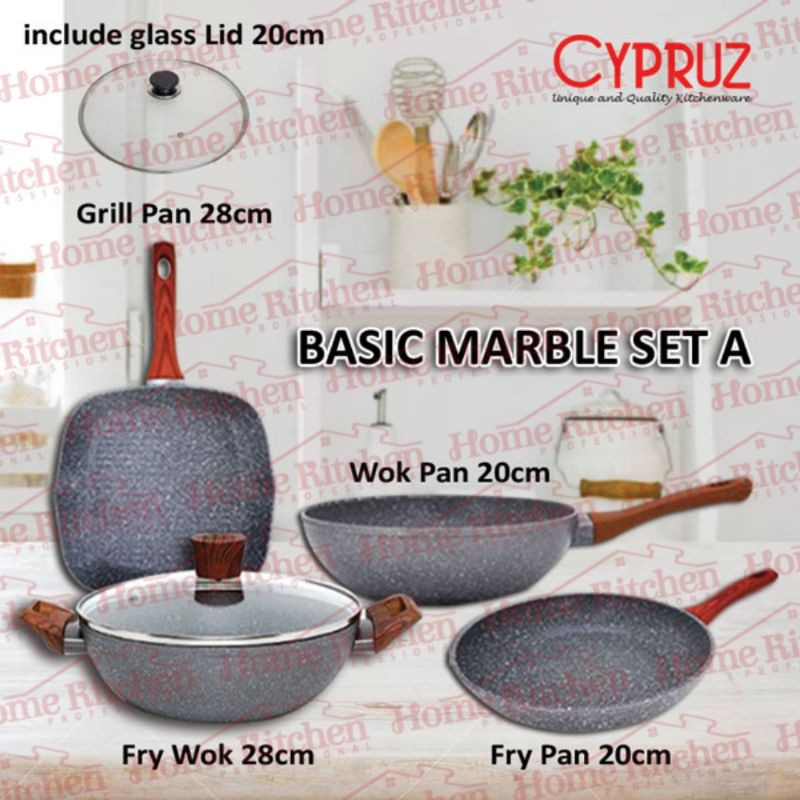 Panci Set Cypruz Basic Marble Set Wajan Wok Pan Fry Pan Grill Pan Fry Wok