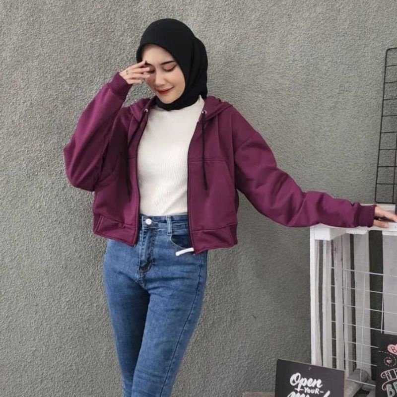 Crop Up Zip Hoodie Oversize | Korean style Jaket Crop Hoodie Wanita | Ziper crop wanita