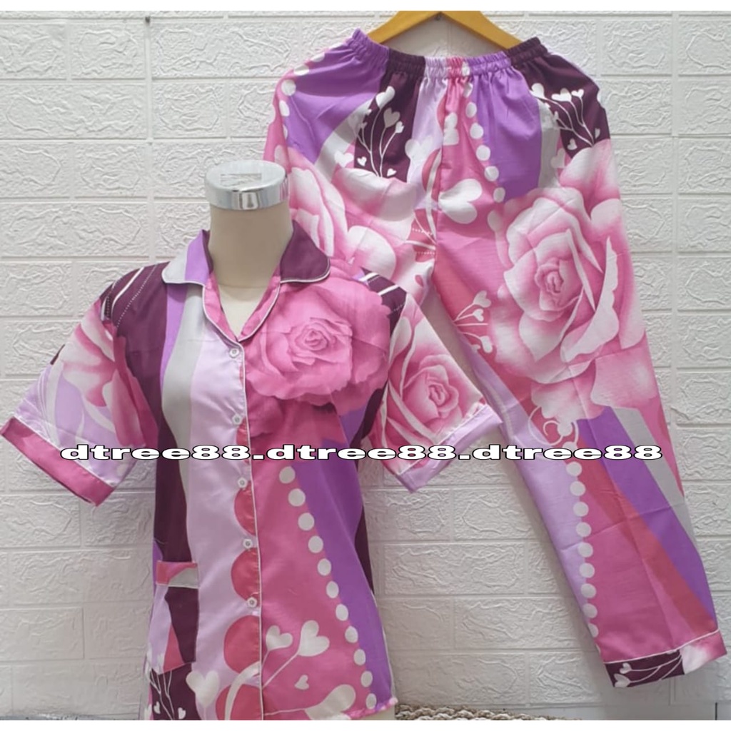 Dtree . baju tidur piyama dewasa cp motif bunga katun eropa / katun lokal-bunga mawar pink