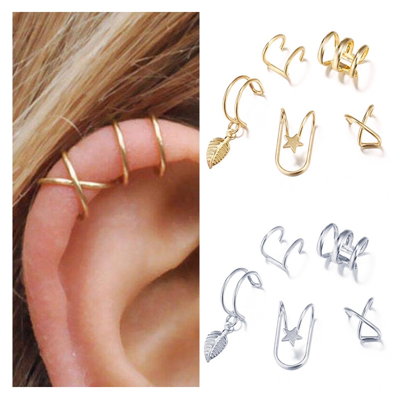 [ACKER] 5Pcs/Set Tembaga Klip Telinga Kepribadian Kreatif Double C Tulang Rawan U Bentuk Lapisan Ganda Tanpa Tindik Stud Anting-Anting untuk Wanita Perhiasan Grosir Fashion Aksesoris