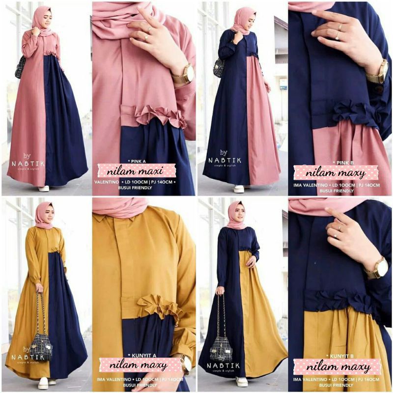 Baju Dress Gamis Muslim NILAM Maxy Long Dress Kombinasi Polos Warna Mix Navy Kuning Mustard Pink