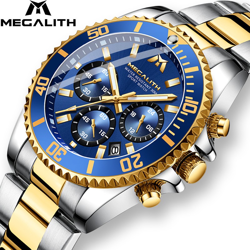 TERBARU MEGALITH Luxury Mens Watches Sports Chronograph Waterproof Analog 24 Hour Date Quartz Watch