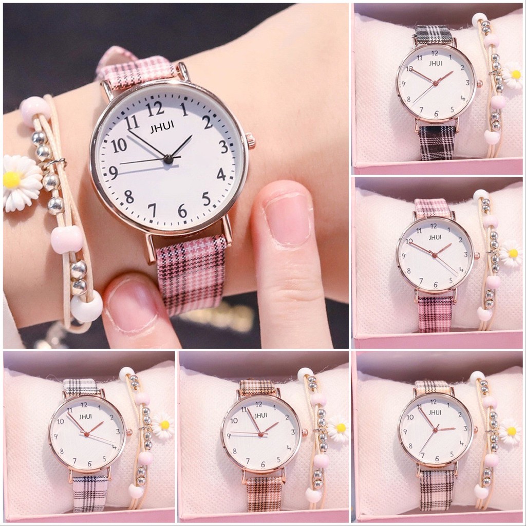 Jam Tangan Analog Wanita Quartz Strap Pu Leather Motif Kotak-Kotak Fashion Wanita Korean Watch