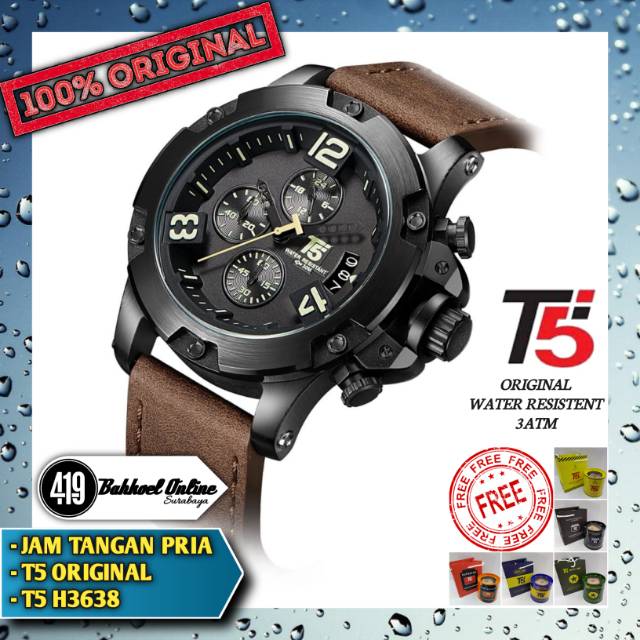 Jam tangan pria cowok T5 original H3638 tali kulit coklat hitam