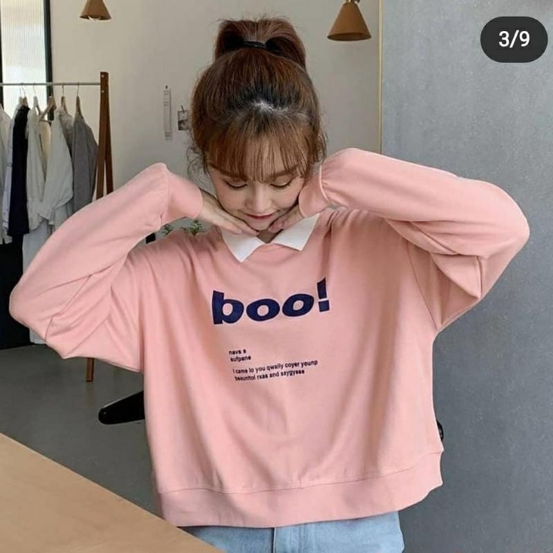 Sweater Kerah Oversize Crop Top Wanita Boo | Crewneck Crop Oversize