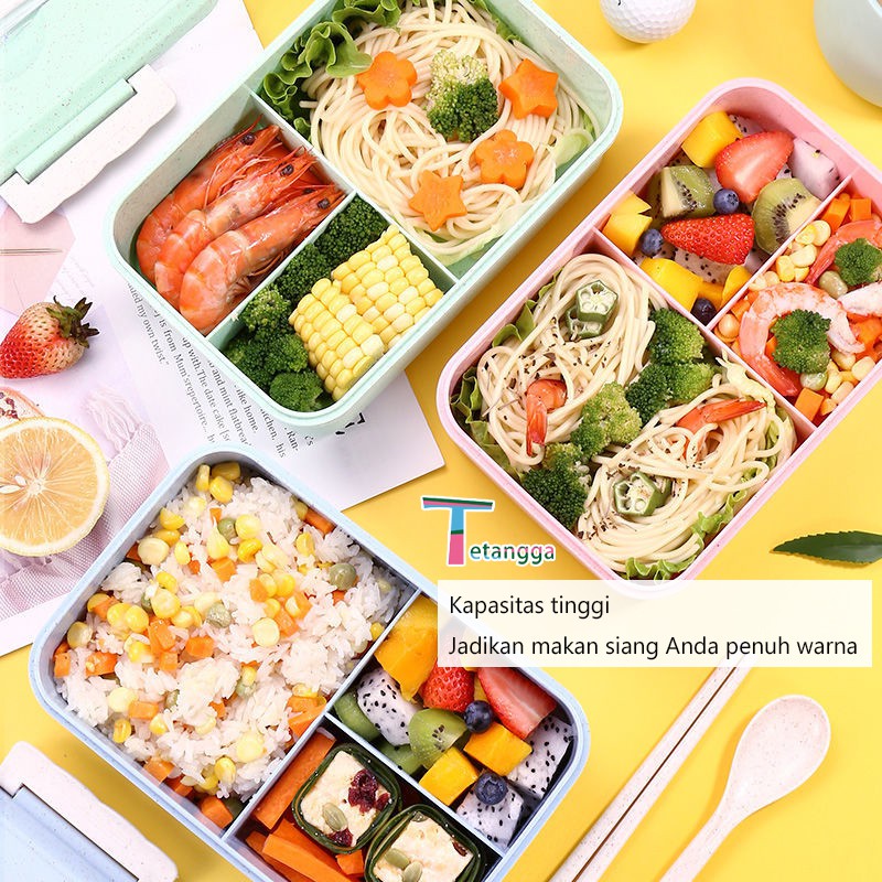 Lunch Box Set Kotak Bekal Makan Jerami Gandum kotak makan  ​1000ml 4 In 1 Free Sendok Tempat Makan