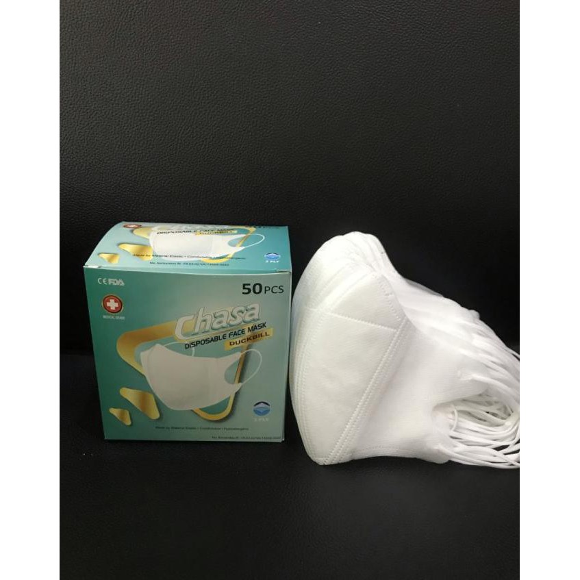 Masker 3ply Duckbill Dewasa Chasa Isi 50pcs Premium Quality - Putih