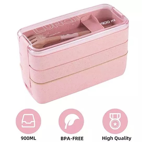 Kotak Bekal Lunch Box Kotak Makan Ompreng Tempat Makan 3 layer 900 ML Jerami BPA Free Sendok Garpu