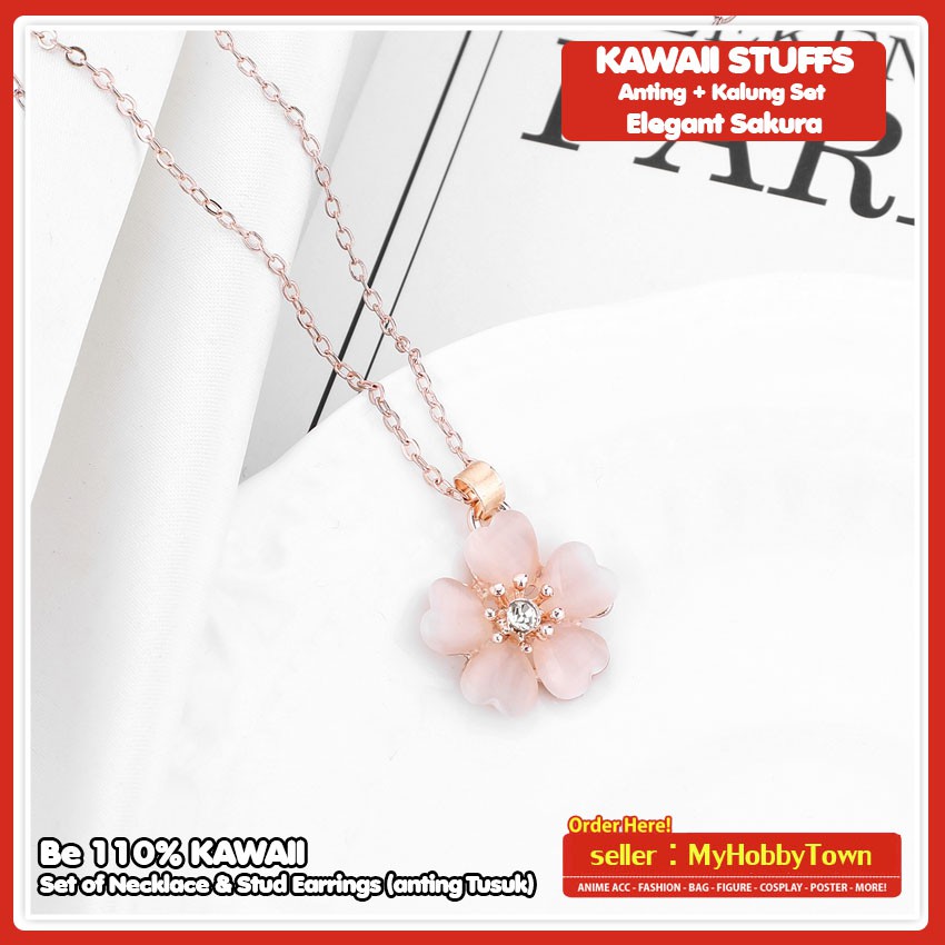 Set Kalung Anting Bunga Sakura Cherry Blossoms Lucu Kawaii Terlaris