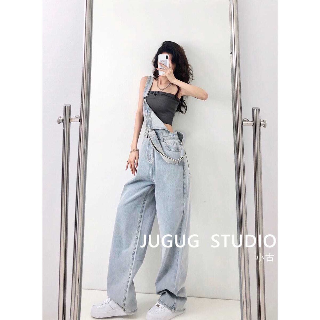 Overall denim longgar wanita 2022 musim semi dan musim panas celana panjang one-piece lurus berpingg