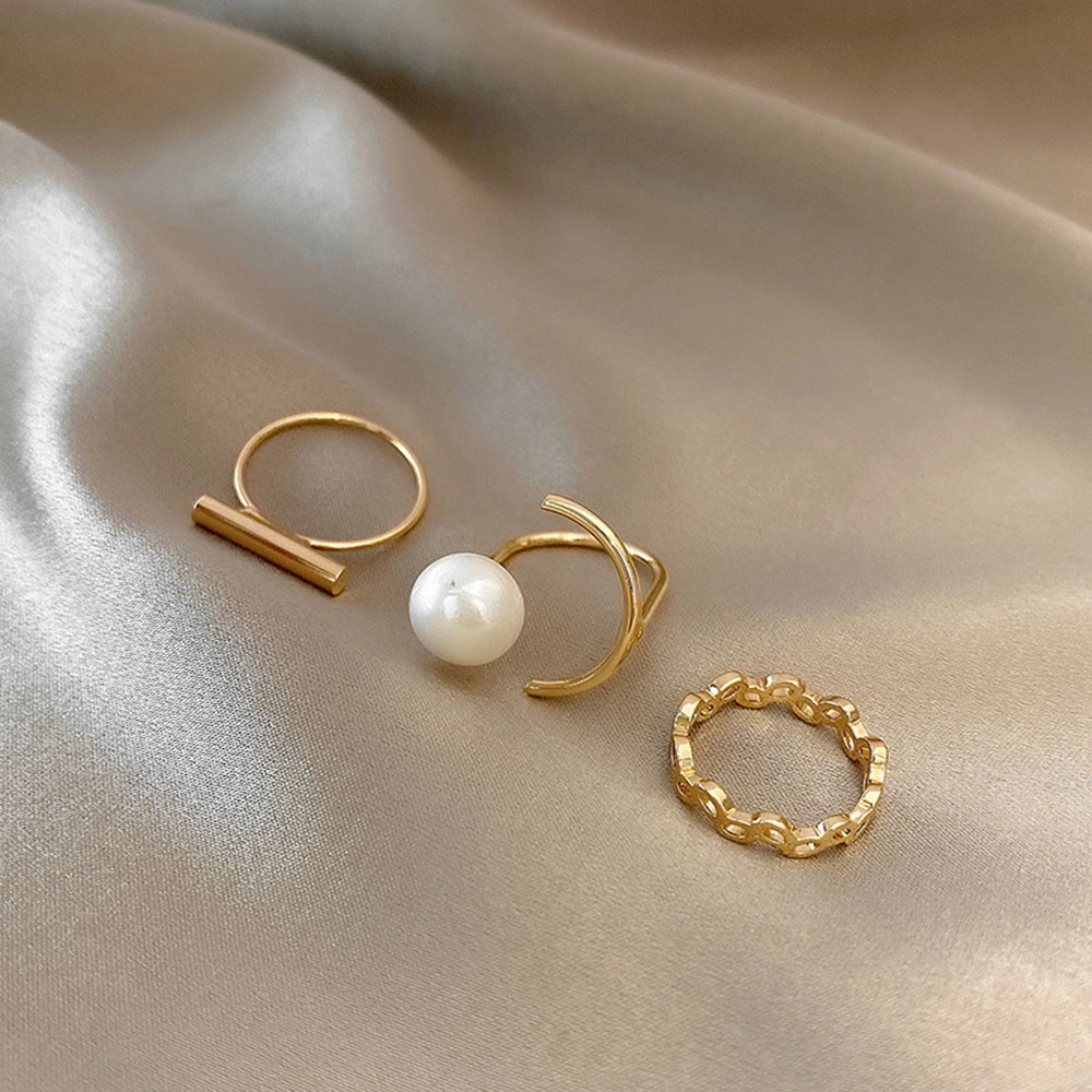 3pcs / set Cincin Jari Telunjuk Model Terbuka Warna Emas Aksen Mutiara Gaya retro Untuk Wanita