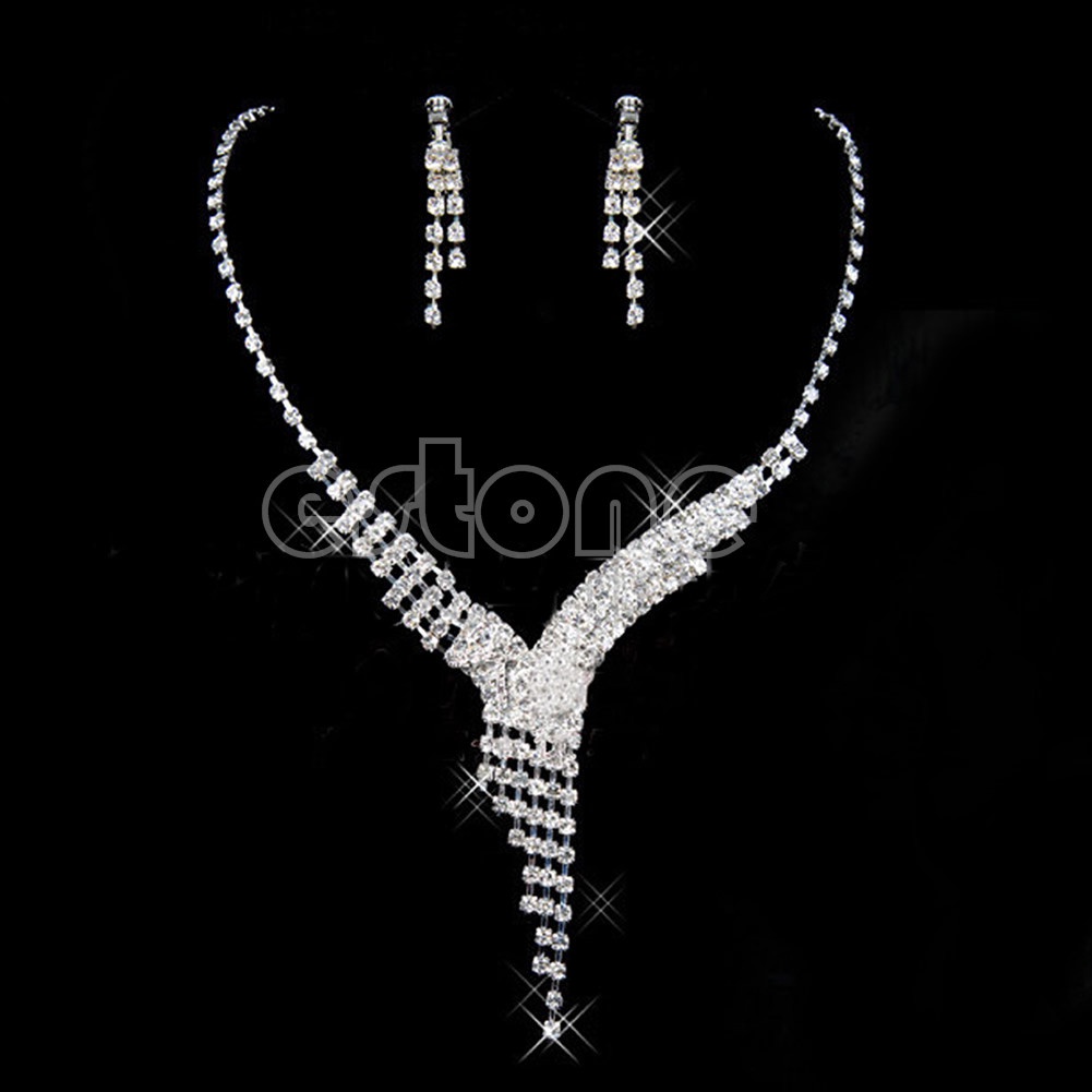 SIY  Necklace Wedding Crystal Prom Bridal Earrings Rhinestone Bridesmaid Jewelry Set