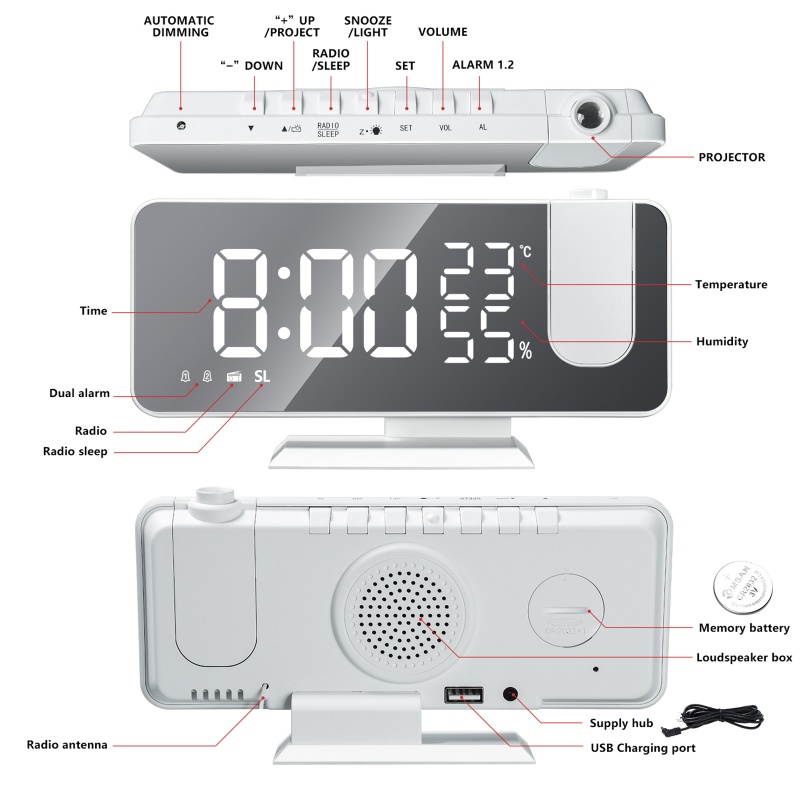 Kiss LED Proyektor Layar Plafon LCD Stopwatch Temp Alarm Clock Proyeksi Digital