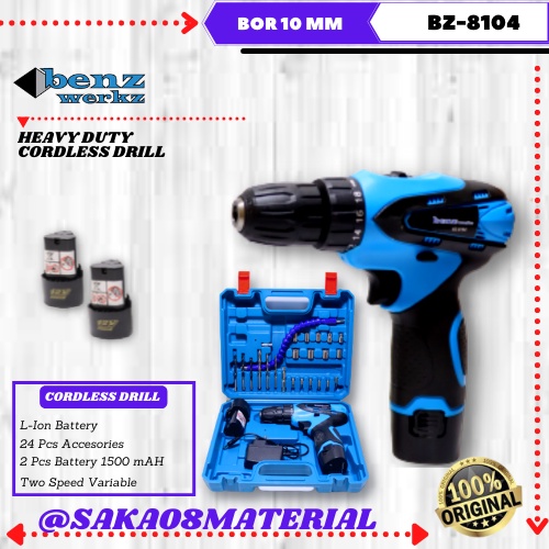 Promo Cordless Drill Bor 10 mm  Free 2 Baterai 12 Volt 24 Pcs Asesoris BZ-8104/8004 Benz Original Te