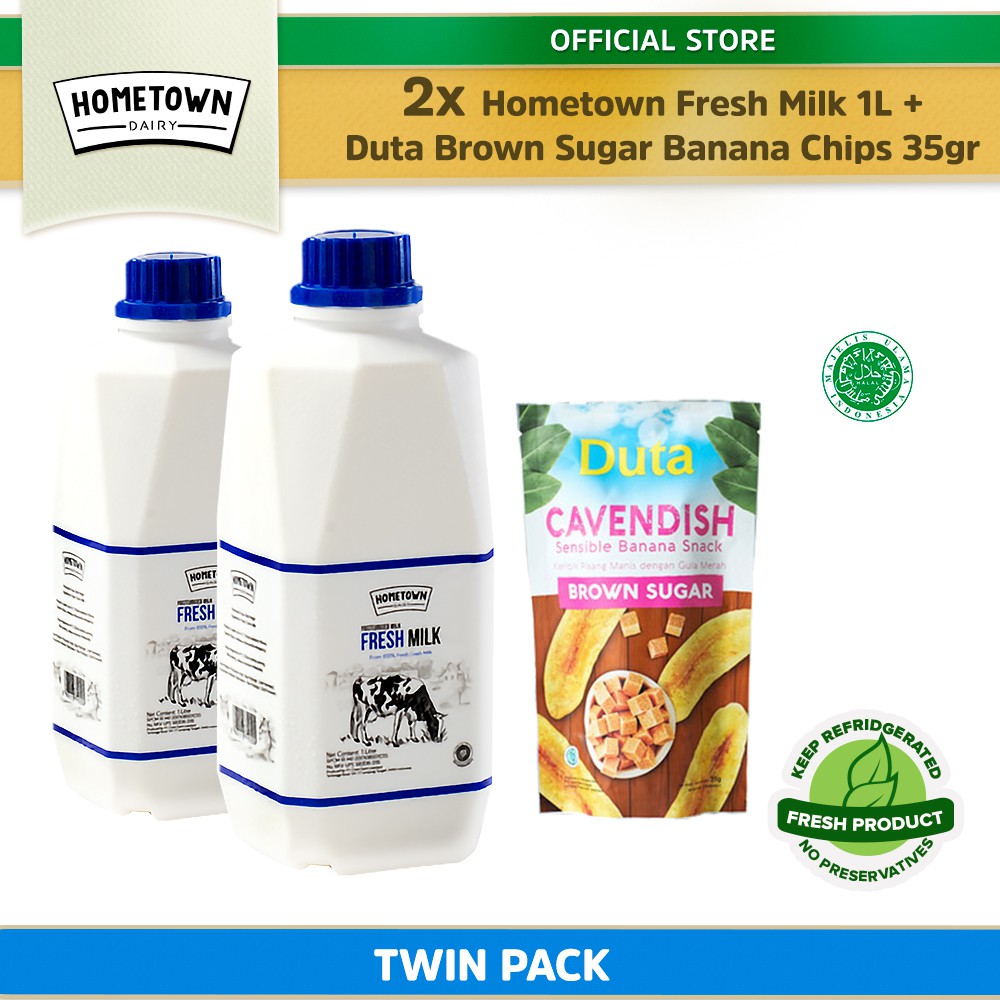 

Hometown Fresh Milk Susu Segar 1L (ISI 2 BOTOL) - Twin Pack + Duta Brown Sugar Banana Chips 35g