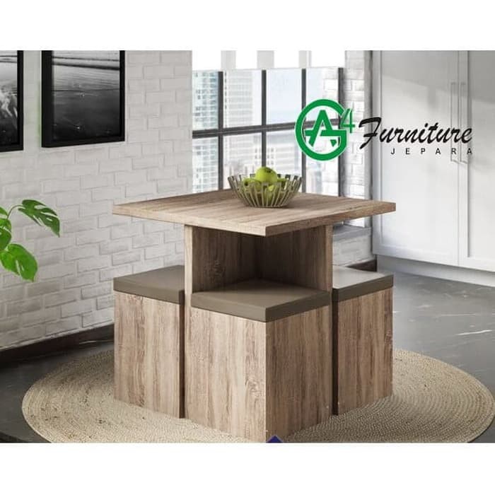 Meja Makan Minimalis Badillo 4 Kursi Bentuk Kotak Unik - Kayu Jati