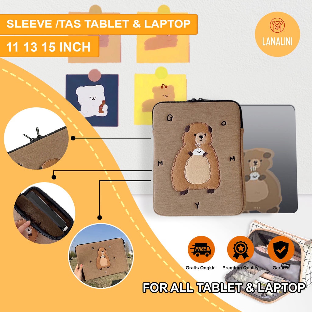 Sleeve Pouch Sarung Tas Bag Case Ipad Tab Tablet Macbook Air Pro Laptop Asus Acer Lenovo HP Huawei 11 12 13 14 15 inch Motif Gambar Beruang Huruf Bear Letter Warna Coklat Brown Lucu Cute Murah Korean Model