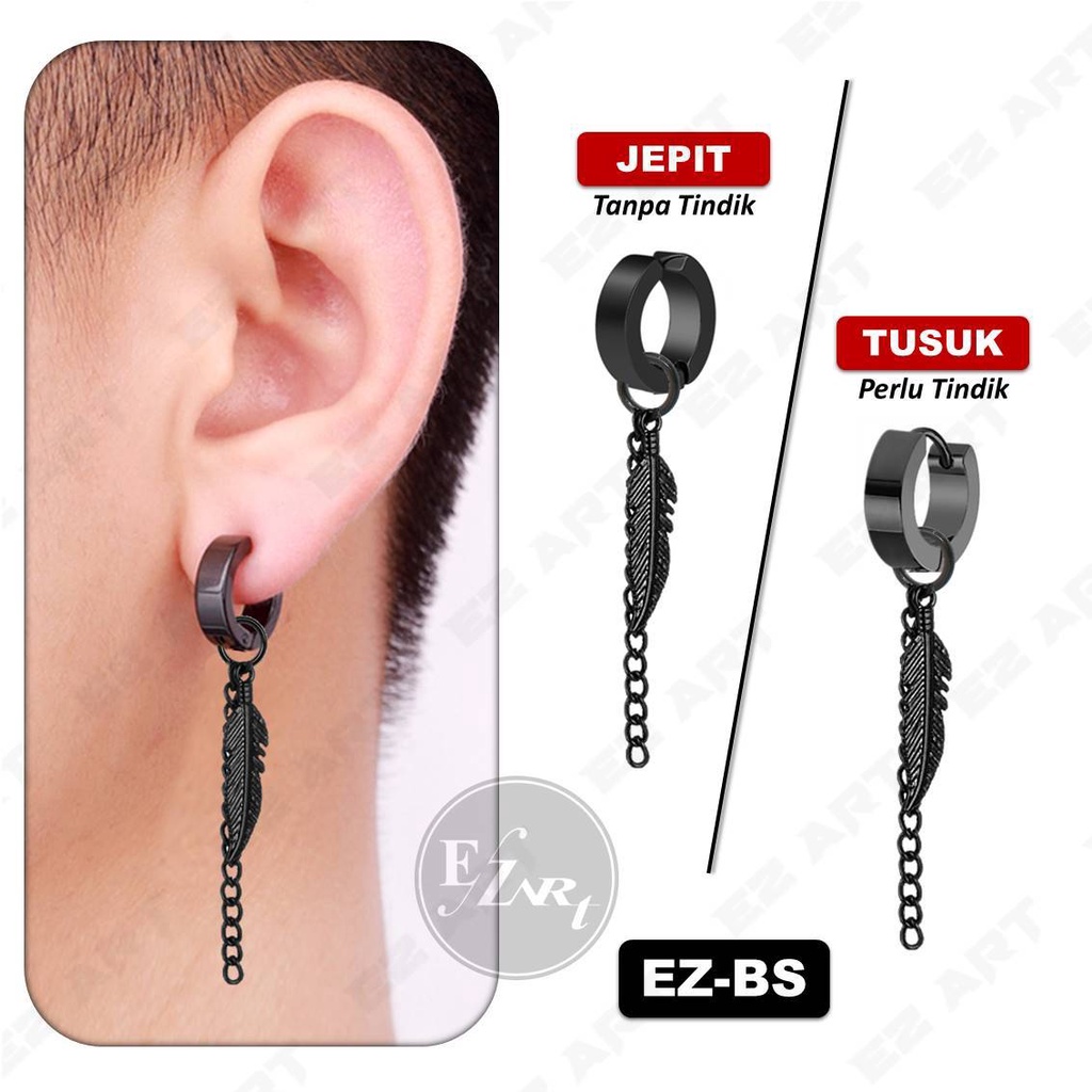 1Pc EZ-BS ANTING FASHION HITAM GANTUNGAN BULU RANTAI BLACK FEATHER JEPIT TUSUK PRIA WANITA KPOP