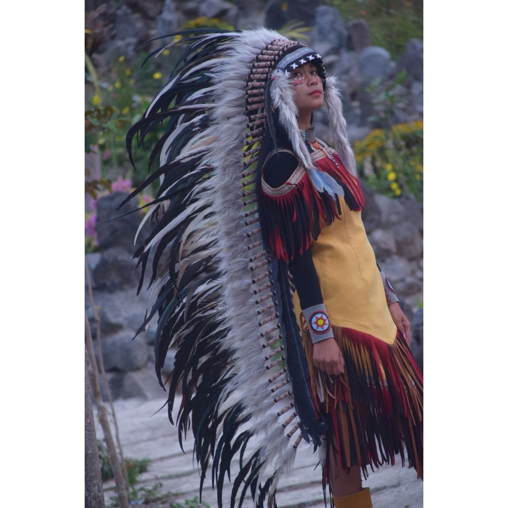 TOPI INDIAN - INDIAN HEADDRESS LONG AYAM BILABONG NATURAL HITAM PUTIH