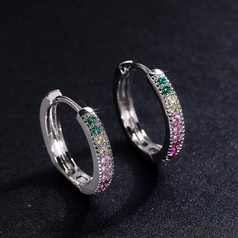 Bright Multi Color CZ Circle Earrings Hoops Silver Color Simple Stylish Women Earrings Wedding Engagement Party Jewelry