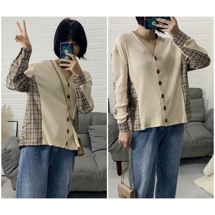 [baju wanita korea]  Baju Cardigan Katun Rajut Kotak Wanita Korea Import