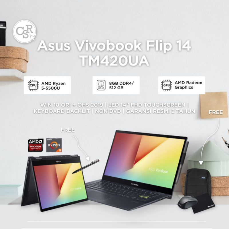 LAPTOP ASUS VIVOBOOK FLIP 14 TM420UA AMD RYZEN 5-5500U RAM 8GB SSD 512GB 14 INCH FHD TOUCHSCREEN