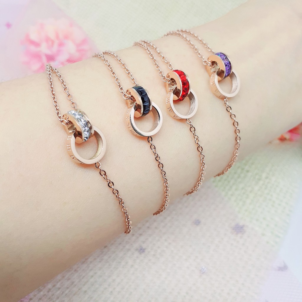 Gelang Fashion Korea Titanium Rose Gold Batu Ungu Merah Hitam - BB403