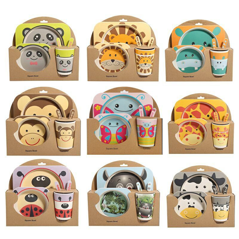 Alat Makan Anak Bamboo Fiber Karakter Food Grade BPA FREE / Bamboo Kids Set 5 in 1 Peralatan Makan Anak