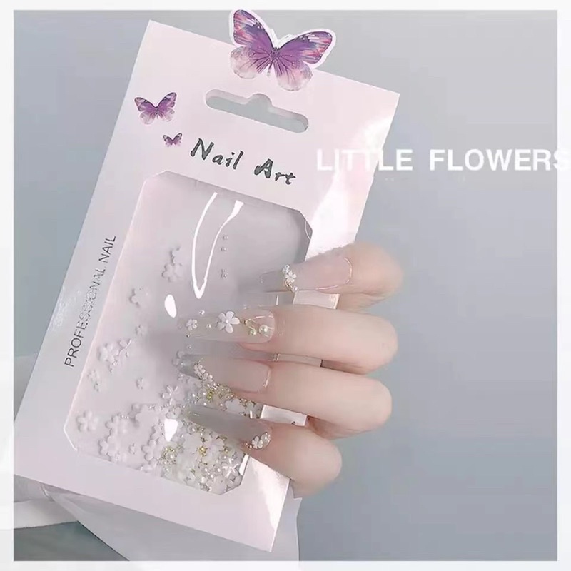 LITTLE FLOWER 3D WEDDING NAILS HIASAN BUNGA PUTIH NAIL ART MIX SIZED FLOWER INSTANT 3D WEDDING NAILS