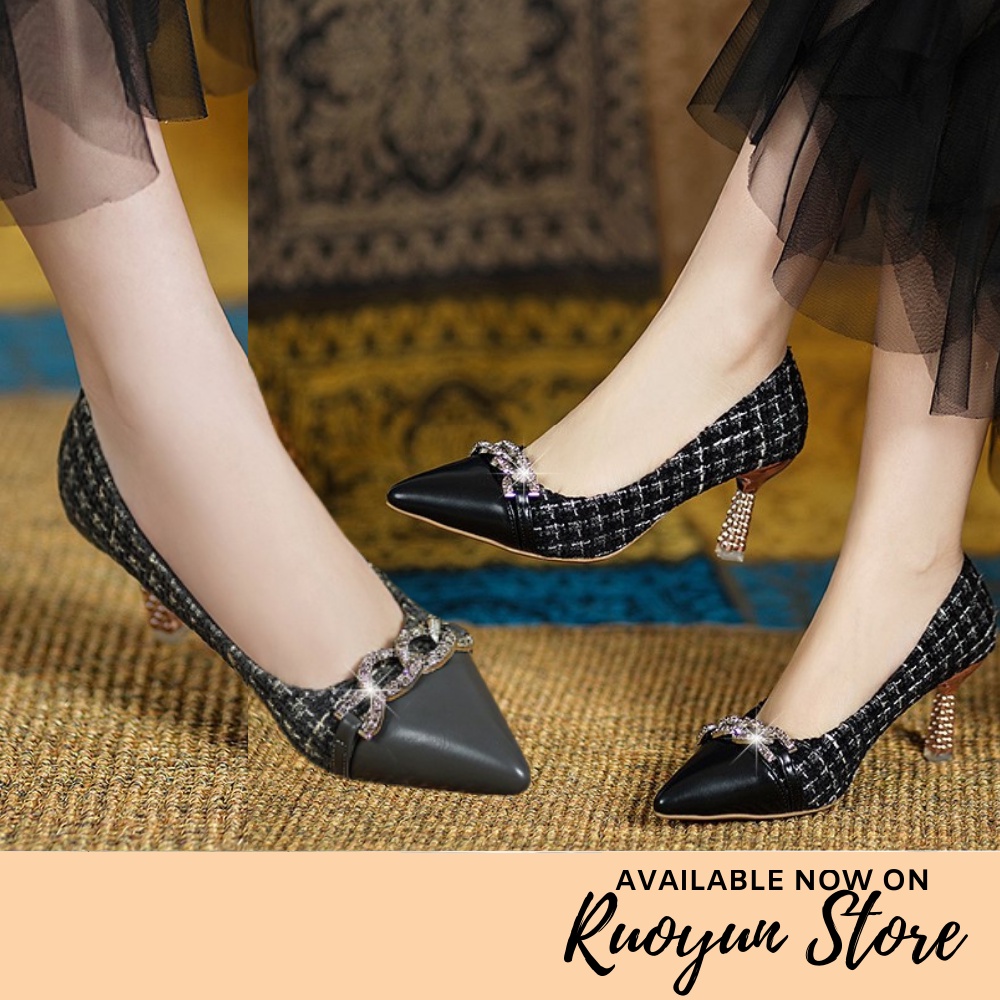 RYS - Diamond Plaided Sepatu Heels Fashion Wanita Pesta - Ori Import