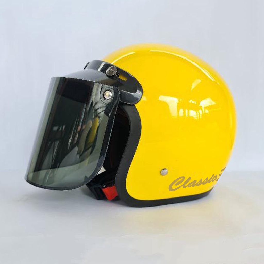 HELM BOGO DEWASA CLASIC GARIS DEWASA POLOS GARIS KACA FLAT DATAR DAN KACA CEMBUNG-kuning glos