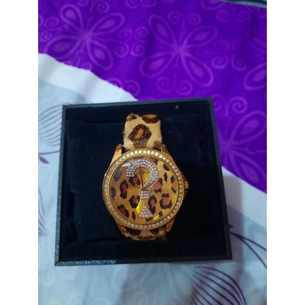 jam tangan guess leopard tali mix bulu