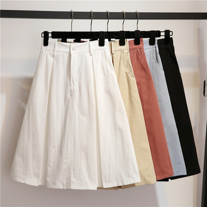 Rok Midi Model A Line High Waist Gaya Korea Warna Polos Rok Midi Model A Line High Waist Gaya Korea Warna Polos