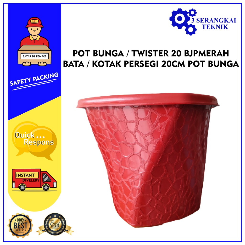 POT BUNGA / TWISTER 20 BJP MERAH BATA / KOTAK PERSEGI 20CM POT BUNGA