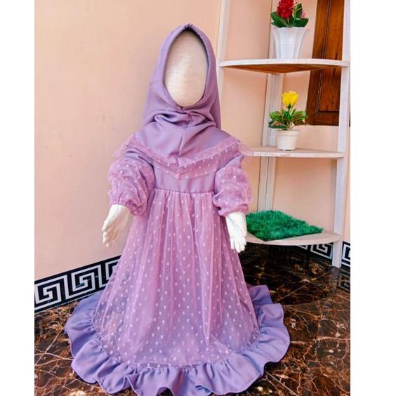 [MW.02Jl22a] GAMIS ANAK PEREMPUAN GAMIS TILE DOT LENGAN BALON/DRES GAUN PESTA ANAK SET HIJAB(1-5thn)