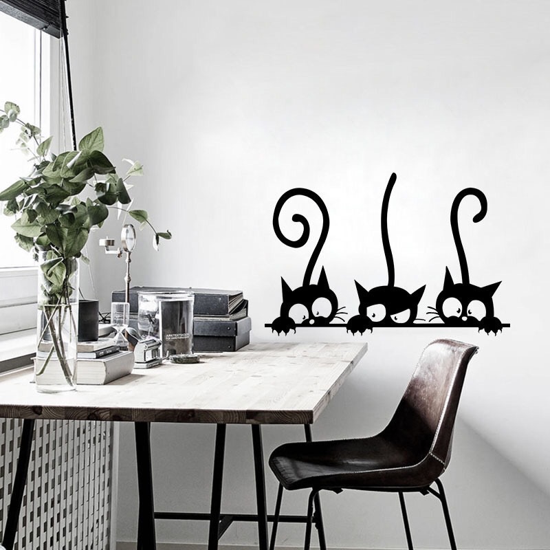 Stiker Dinding Desain Tiga Kucing Hitam Dapat Dilepas Untuk Dekorasi Kamar Tidur