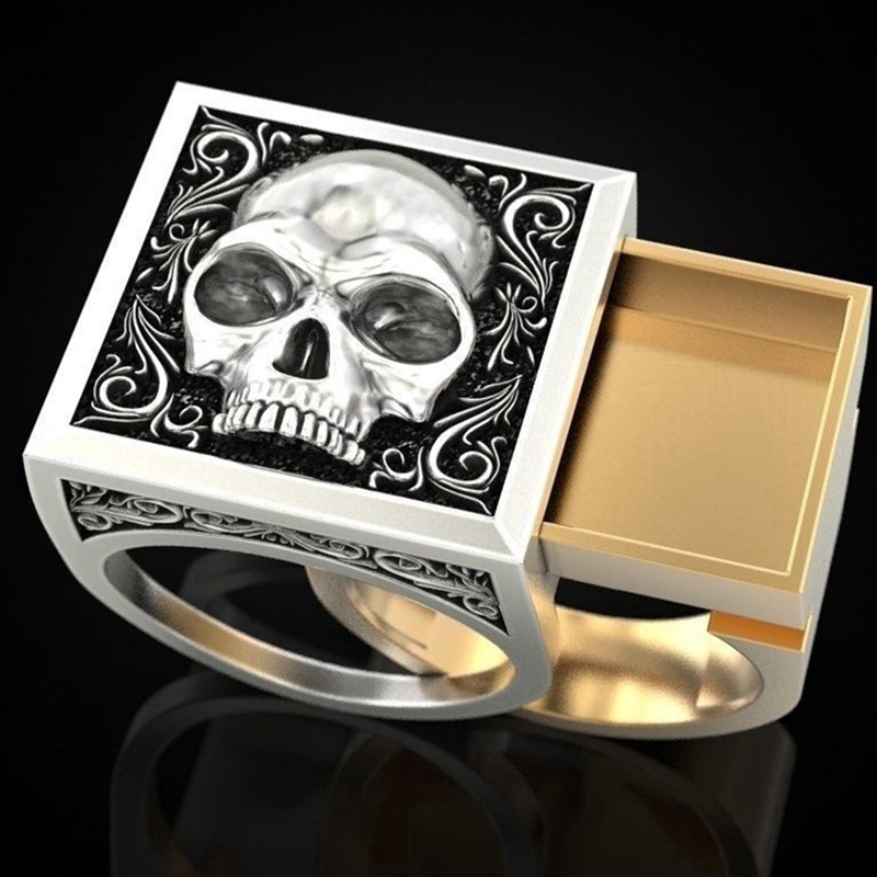 Hip Hop Lion Skull Secret Compartment Ring Two Tone 925 Sterling Silver &amp; 18K Gold Rings Kingdom Lionking Cinerary Casket Memorial Souvenir Coffin Birthday Anniversary Gift Ring