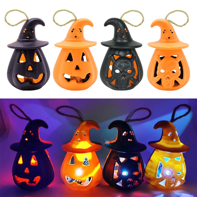 Lampu Lentera Gantung LED Portable Bentuk Labu Halloween Bahan Plastik Untuk Dekorasi Pesta