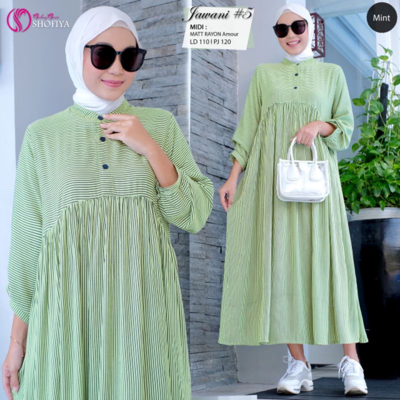 JAWANI MIDI DRESS by Shofiya ; Dress motif salur rayon viscose PREMIUM bahan FLOWY JATUH halus nyama