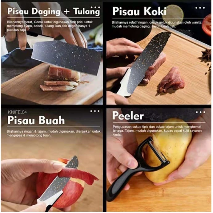 ONLYONE12 Set Pisau J13 / Pisau Set 5 in 1 Keramik / Pisau Set Keramik Dengan Kardus / Pisau Set Black / Pemotong Buah Sayur / Pisau Dapur One Set