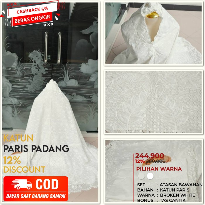Mukena Dewasa Katun Paris Padang Bordir Renda Adem Bonus Tas Cantik - Broken White